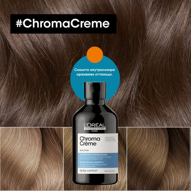 Шампоан за неутрализиране на топли оттенъци на кестенява коса LOreal Professionnel Chroma Crème Blue Shampoo 300 мл
